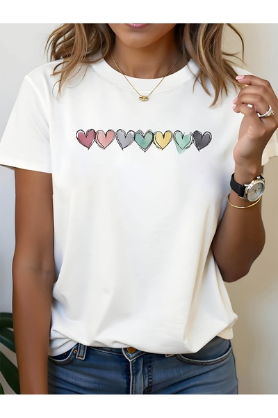 12 HERTZ Colorful Hearts Graphic Print T-Shirt, Short Sleeve Crew Neck Casual...