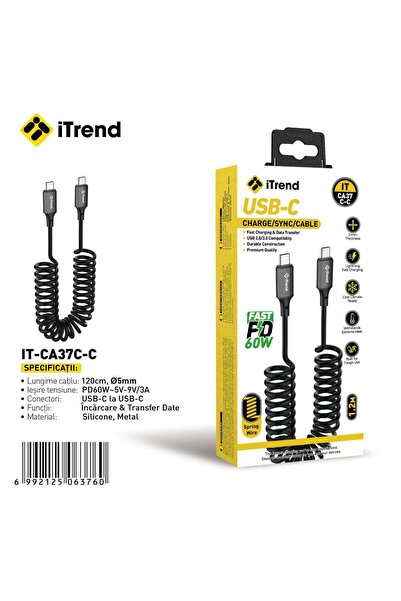 itrend Cablu Spiralat USB-C la USB-C iTrend, 1.2 m, Încărcare Rapidă PD 60W, ...