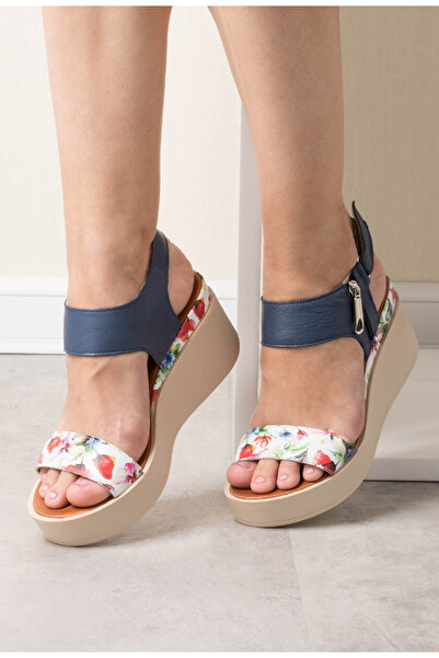Dasha Sandale navy cu alb si imprimeu floral din piele naturala Dotty