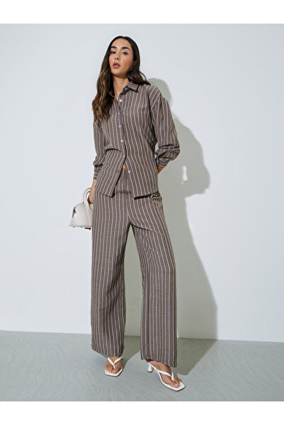 Styli Brown Striped Shirt And Trousers Co-Ord Set