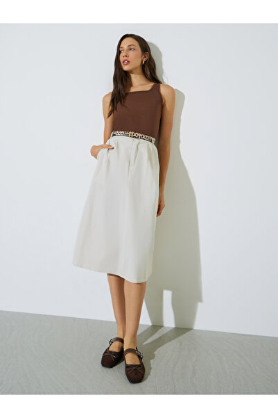 Styli Cream A-Line Midi Skirt With Side Pocket