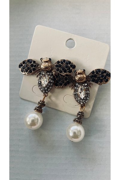 BLACK Steel Earrings with Pearl Detail