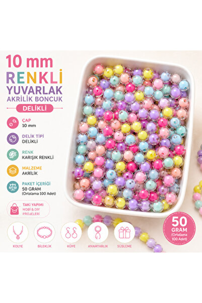 E.B EBRULİ BONCUK 10 mm Colorful Round Acrylic Beads with Holes (50 Grams)