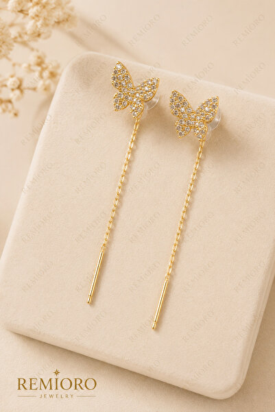 REMIORO 14K gold plated butterfly earrings with zircons and delicate threader...
