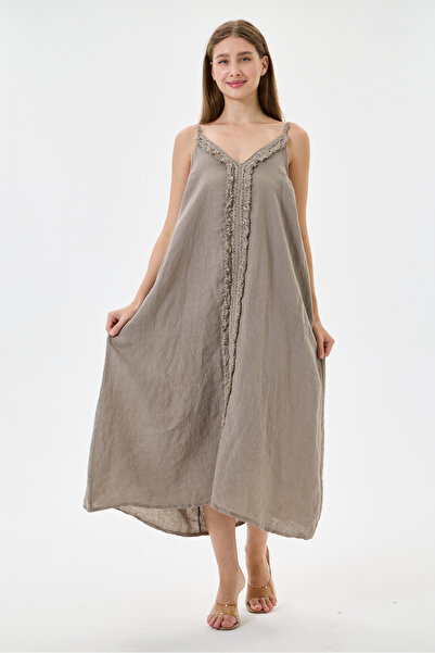 della moor Mink Italian 100% Linen Long Linen Dress with Tassels and Adjustab...