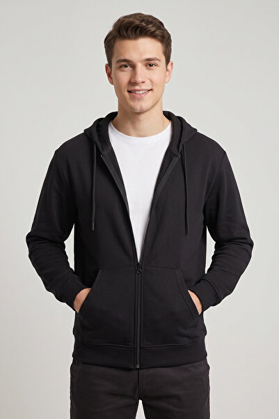 nacar çarşı Men's Black Zippered Hooded 2 Thread Combed Cotton Sweatshirt