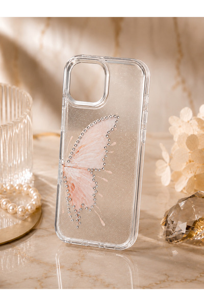 botyco Iphone 13 (6.1 inç) Uyumlu Simli Şeffaf Kelebek Desenli Renk Geçişli İ...