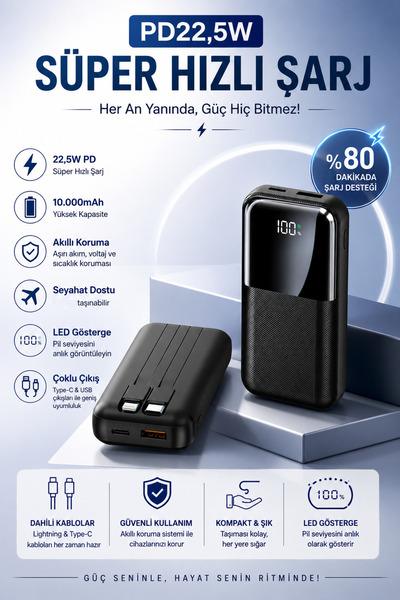 MATECHNO Mini 10.000 mAh 22,5W PD Hızlı Şarjlı Powerbank Dahili Type-C ve Lig...