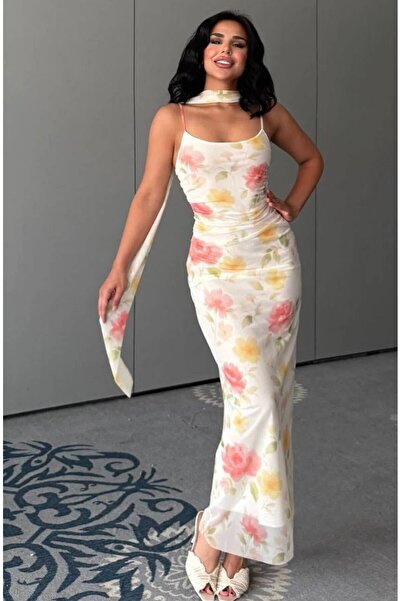 Olbia Women's White Floral Scarf Long Tulle Dress with Drawstring Straps