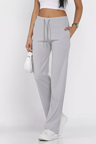 Aryena Gray Women's Self-Patterned Elastic Waist Palazzo Trousers