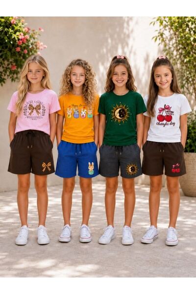 cm buseyiz C&M Girls' Multi-Colored Printed 4-Piece Shorts Set