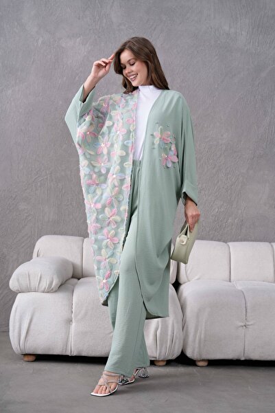 Moda Neval Kadın Çiçek İşlemeli Kimono Alt Üst Takım