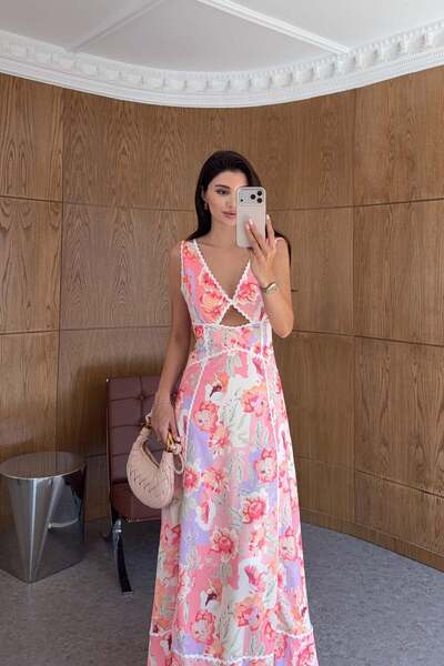 HAZELANNA Floral Pink Dress with Chest Window Detail