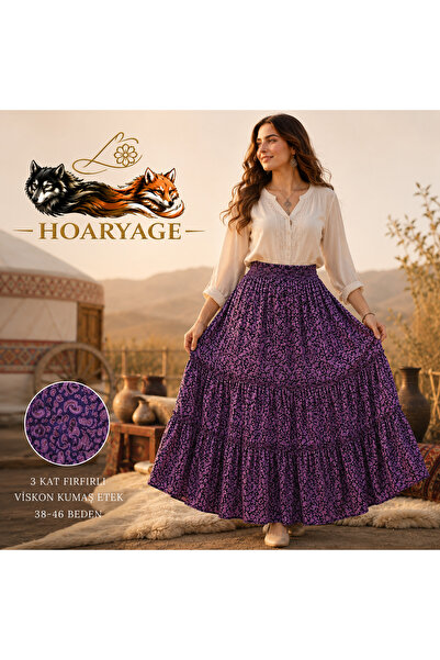 hoaryage Elastic Waist 3-Layer Ruffle Viscose Fabric Skirt, Mevlana Long Cott...