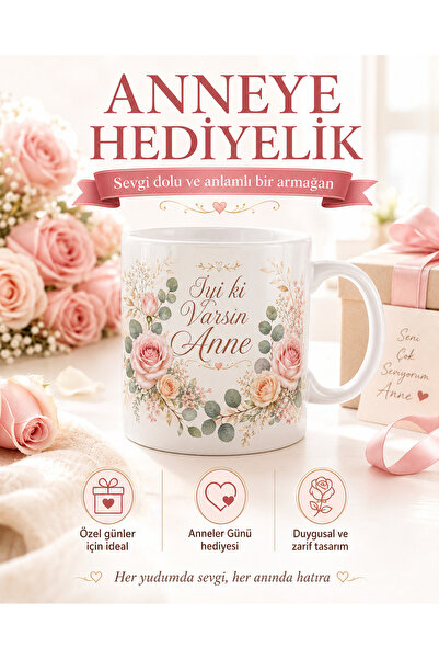 HiperAD Reklam Anneye Hediye İyi ki Varsın Anne Yazılı Kupa Bardak 300 ML Por...