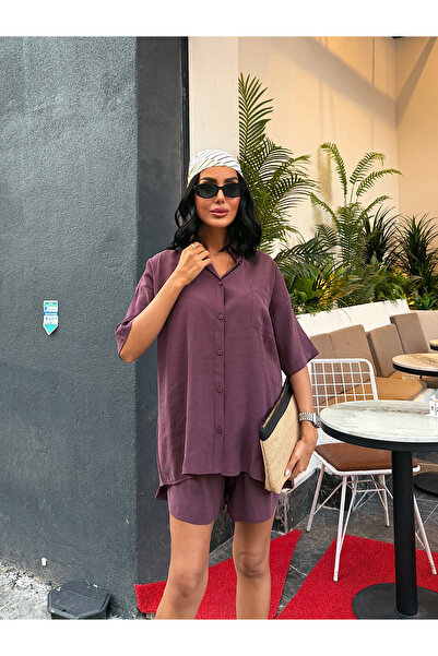 nido moda Kadın Cepli Oversize Gömlek ve Beli Bağcıklı Şort İkili Takım