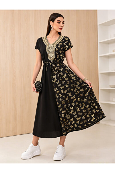 Take Two By Styli Black Foil Butterfly Print A-Line Midi Dress