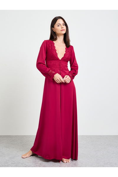 Take Two By Styli Burgundy Long Sleeve Lace Robe