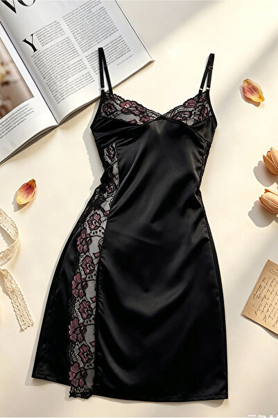 JInsh Black Satin Lace Slip Nightgown For Women Floral Lace Side Slit Mini Ch...