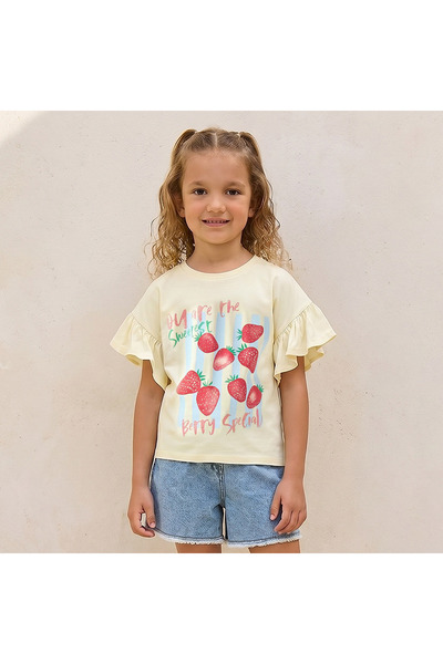 Juniors Crew Neck Short Ruffle Sleeves T-shirt with Cat Graphic Print