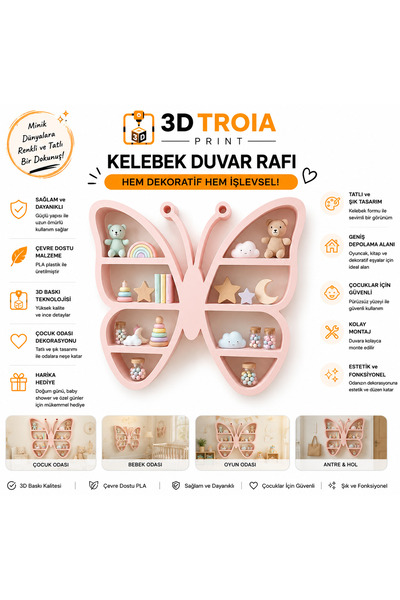 3D TROİA PRİNT KELEBEK MODEL DUVAR RAFI ( RENK TERCİHİ İÇİN SATICIYA SOR KISM...