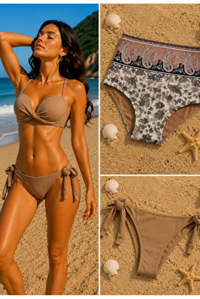 Nobrand Costum de baie damă 3 piese, maro, sutien fără push-up și 2 slipi