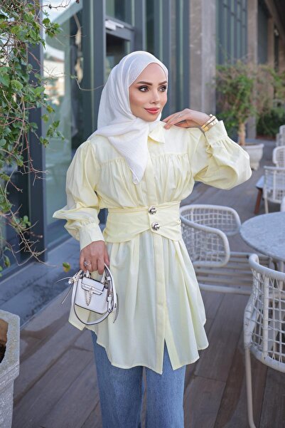 İmajButik Sarı Gizli Düğmeli Kemer Detaylı Gömlek