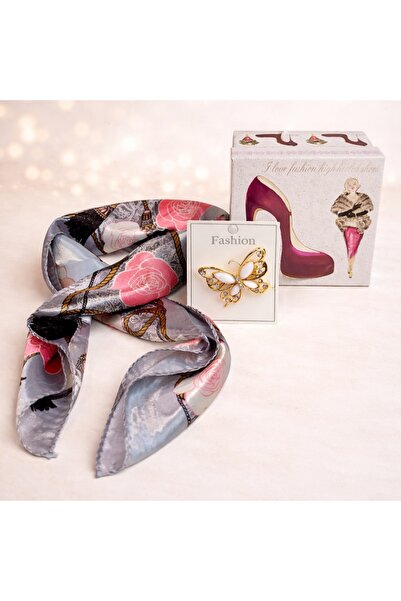 velve Set esarfa gri cu brosa fluture eleganta
