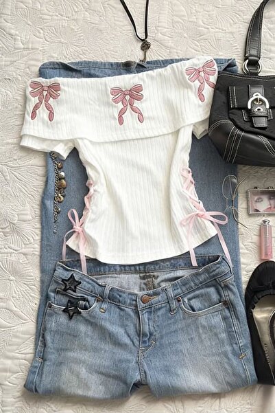 Köstebek White Pink Bow Harajuku Y2K Short Sleeve Crop