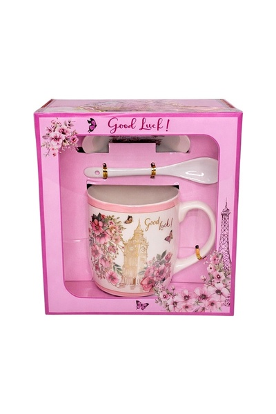 velve Set cana „Good Luck” cu lingurita si farfurie, din ceramica, decor flor...