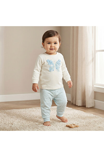Juniors Cotton Long Sleeves Pyjama Set with Floral Applique Detail