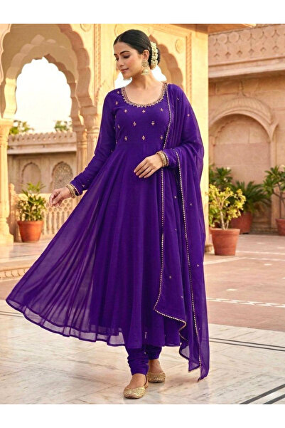 MYSMAR Blue Georgette Embroidered Gown Set - HRT7237 | Blue-Size:L-40-Inches