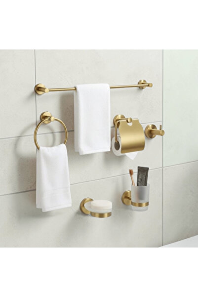 Hummer Modern Bathroom Accessories Set 6 Piece Gold Brushed Stainless Steel B...