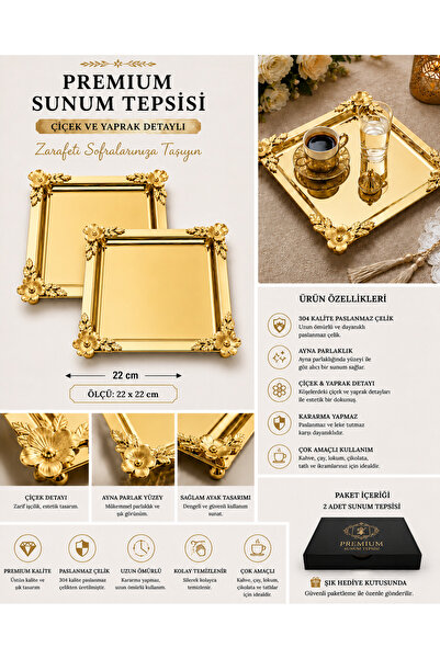Turkco Gold Flower Detailed Square Presentation Tray 22X22 cm Engagement Coff...