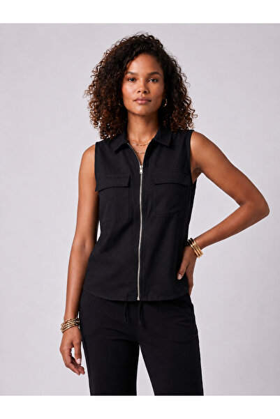 Bold & Young 100% Cotton Double Pocket Zippered Black Women's Vest