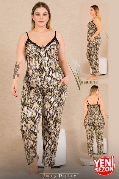 Jenny Daphne Large Size Women's Viscose Pajama Set with Rope Straps and Lace ...