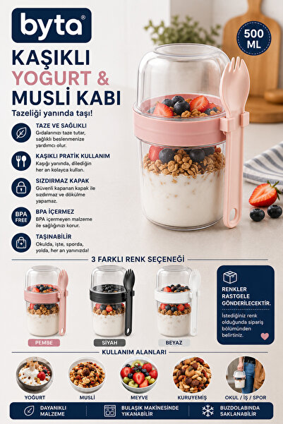 BYTA Yogurt and Muesli Container with Spoon 500 ml Leak-Proof Lid Portable Br...