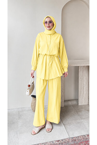 Miraydın Butik طقم بنطلون تونيك نسائي بحزام خصر M6034 - أصفر