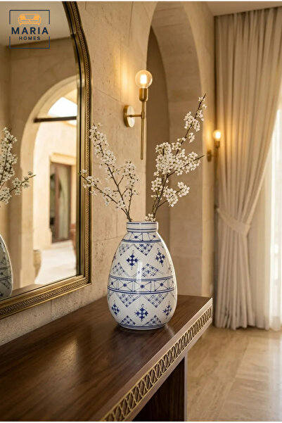 MARIA HOMES Blue and White Patterned Decorative Vase, Modern Ceramic Teardrop...