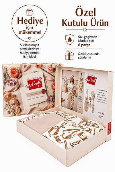 sevilya Bahar 6 Parça Kutulu Mutfak Seti Sıvı Geçirmez Mutfak Önlüğü Çeyiz Se...