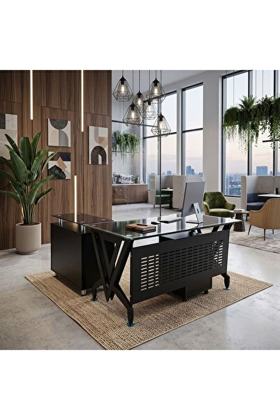 concent Glass Work Desk with Iron Base and Side Drawer Unit 180cm