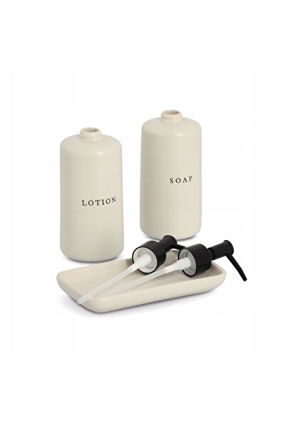zeller Set de dozatoare ceramice bej de 390 ml pentru săpun și loțiune, cu tavă.