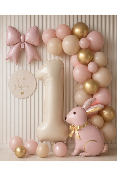 Öztürkpartievi 1 Year Old Powder Pink Rabbit Birthday Balloon Set 43 Pieces –...