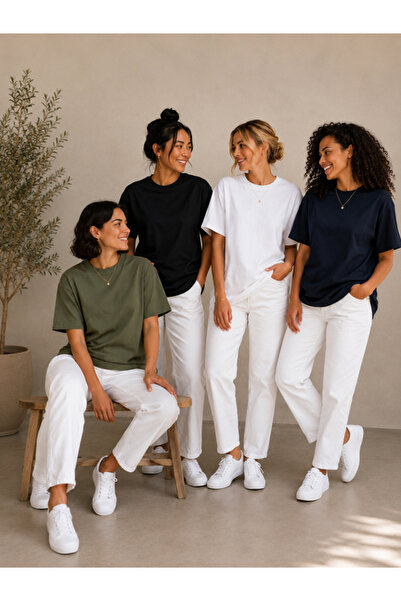MİLANDORE Set of 4 Khaki-Black-White-Navy Oversize Women's T-Shirts - Crew Ne...