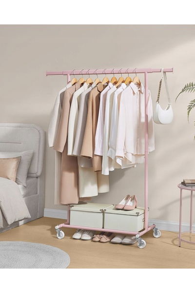 SONGMICS Suport mobil pentru haine cu raft inferior suplimentar, roz pastel