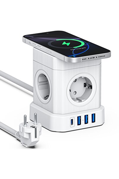 VOOMY Priză multiplă S6-W - Încărcare QI 1 USB-C și 3 USB-A 4000 W Alb