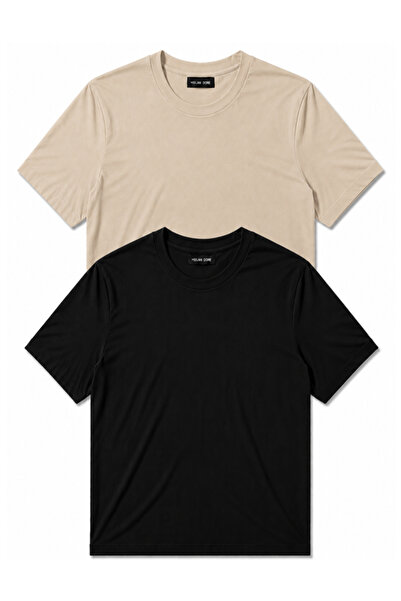 MİLANDORE Set of 2 Men's Beige-Black Cotton Slim Fit Crew Neck Basic T-Shirts
