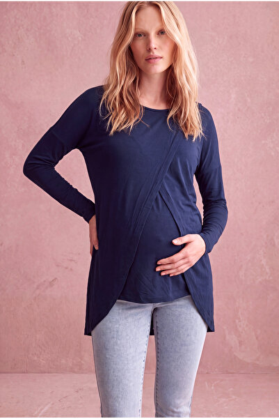 WESTMARK LONDON Maternity Navy Blue Modal Double-Breasted Asymmetrical Long S...