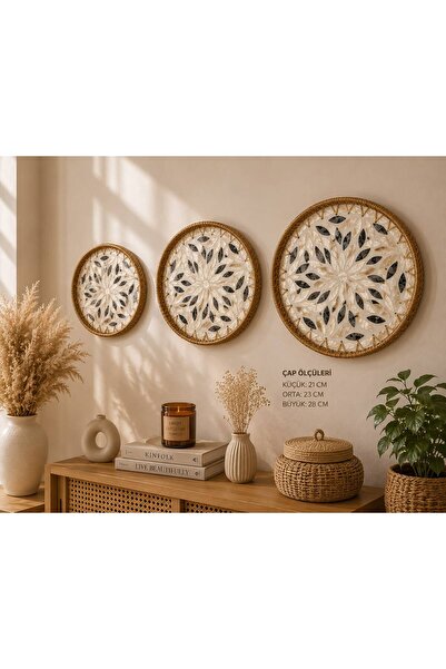 HEPBİMODA Sedefli Rattan Tepsi & Duvar Dekoru 3!lü Set Doğal Hasır Sunum Tepsisi, Bohem Dekoratif Servis Tepsisi