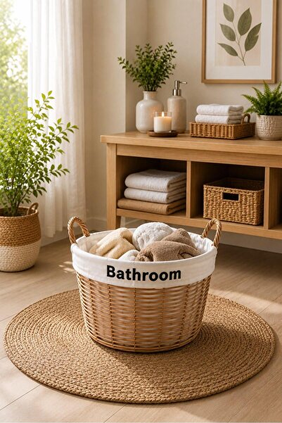 NEWNOW Haven Rattan Görünümlü Çok Amaçlı Sepet , Çamaşır Sepeti Kulplu Kumaş ...